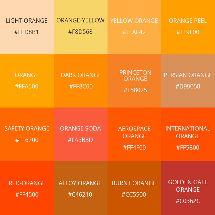 Bảng tổng hợp tất cả màu cam trong kính ốp bếp